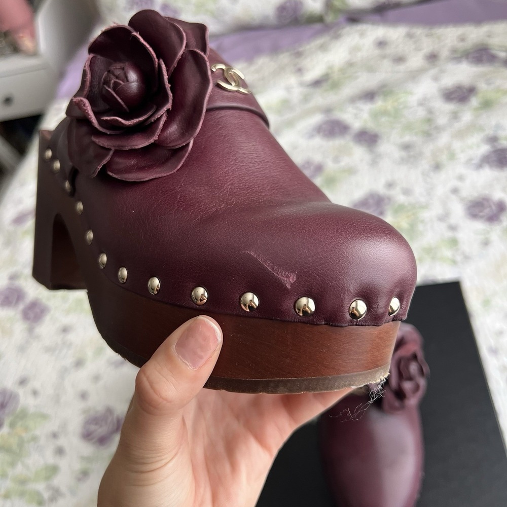 Chanel Burgundy Leather Camellia Flower Studded Platform Clogs 2023 IT 40 - Picture 10 of 16